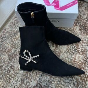 Anna Baiguera Black Suede Ankle Boots | Rhinestone Bow Detail | Made in Italy |